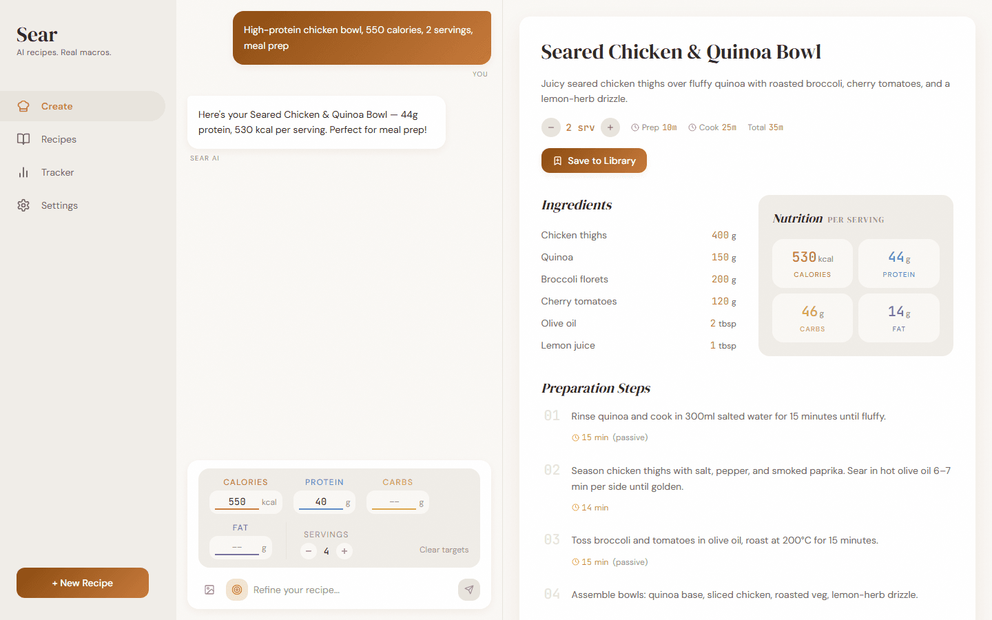 AI chat interface showing recipe creation with live recipe card and nutrition panel