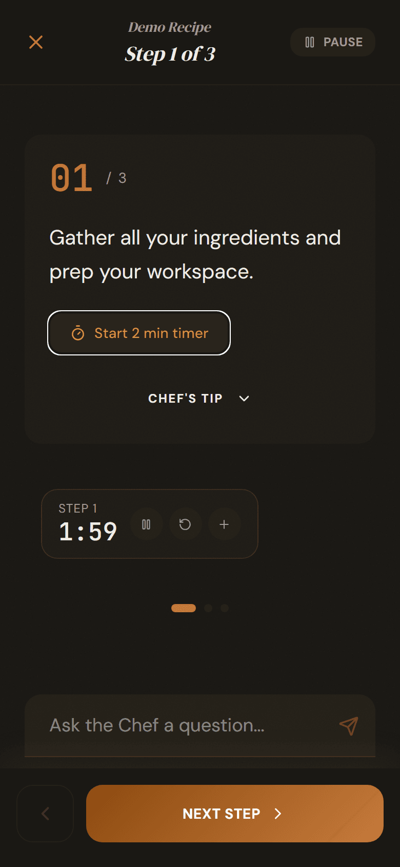 Cooking mode — full-screen step-by-step guidance with timer running