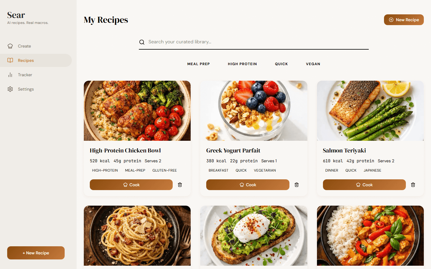 Recipe library grid displaying AI-generated food images with macro summaries