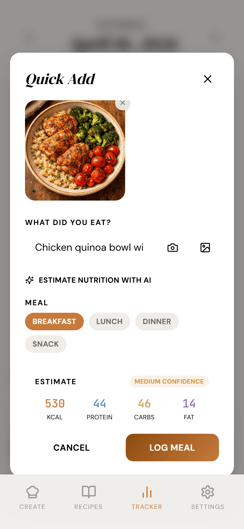Photo of a meal being analyzed by AI with macro estimates